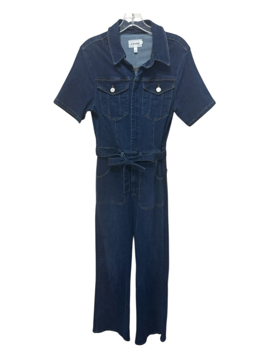 Frame Size M Indigo Blue Cotton Blend Short Sleeve Zip Front Belted Jumpsuit Indigo Blue / M