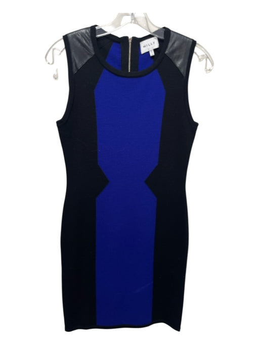 Milly Size Medium Blue & Black Wool Sleeveless Leather Trim Geometric Dress Blue & Black / Medium