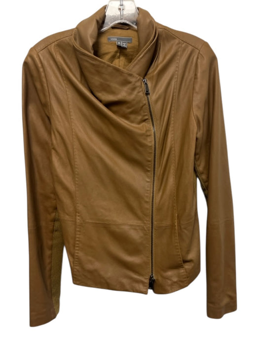 Vince Size M Brown Goat Leather Zip Front foldover collar Ribbed Accents Jacket Brown / M
