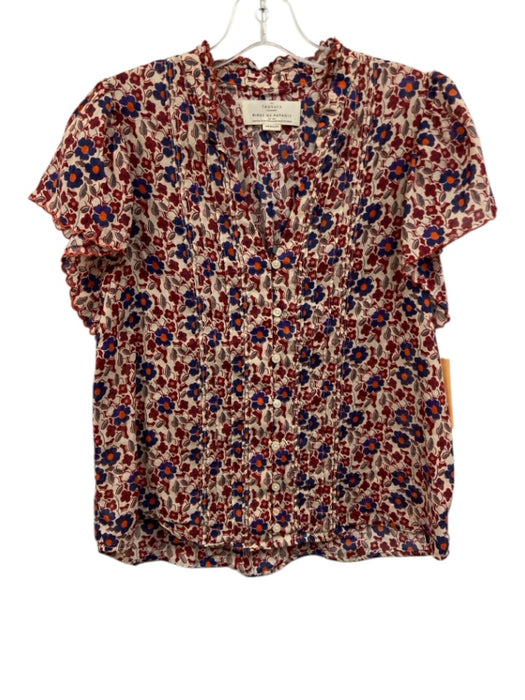 Trovata Birds of Paradis Size Medium Cream, Red & Blue Ramie & Cotton Floral Top Cream, Red & Blue / Medium