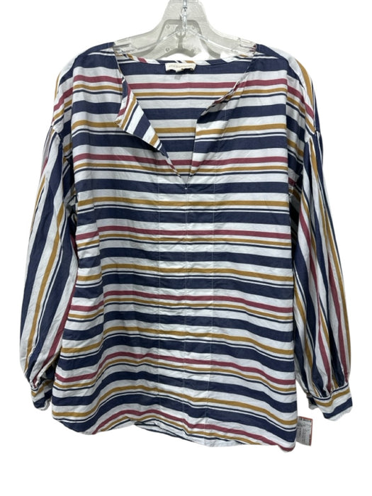 Ann Mashburn Size L Navy Blue, White, Mustard, Red Cotton Horizontal Stripes Top Navy Blue, White, Mustard, Red / L