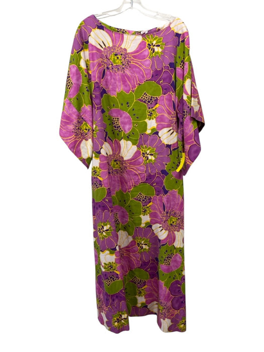 Frances Valentine Size L Purple, Green, Yellow Cotton Boat Neck Floral Dress Purple, Green, Yellow / L
