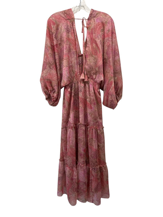 Misa Size L Pink & Tan Polyester Long puff sleeve Paisley Semi Sheer Midi Dress Pink & Tan / L