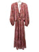 Misa Size L Pink & Tan Polyester Long puff sleeve Paisley Semi Sheer Midi Dress Pink & Tan / L