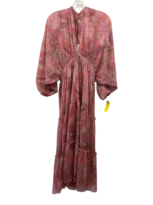 Misa Size L Pink & Tan Polyester Long puff sleeve Paisley Semi Sheer Midi Dress Pink & Tan / L