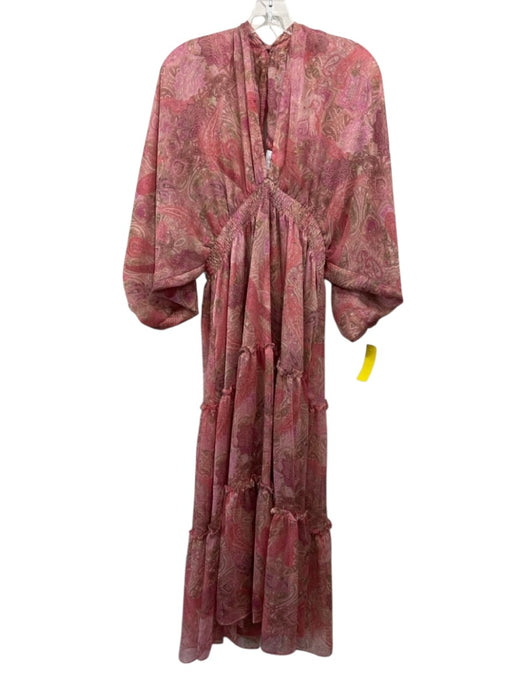 Misa Size L Pink & Tan Polyester Long puff sleeve Paisley Semi Sheer Midi Dress Pink & Tan / L