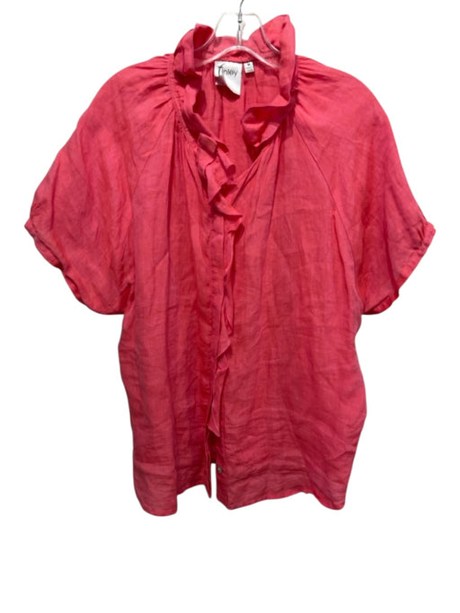 Finley Size M Coral Pink Linen Short Sleeve Ruffle Trim Button Up Top Coral Pink / M