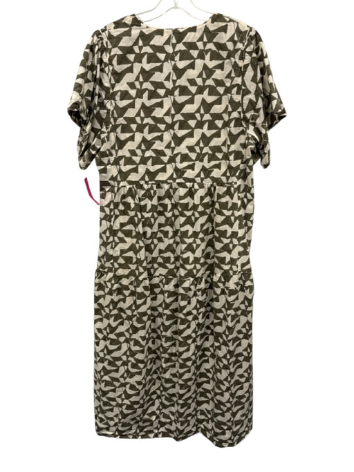 Mirth Size L Olive Green & White Print Cotton V Neck Abstract Short Sleeve Dress Olive Green & White Print / L