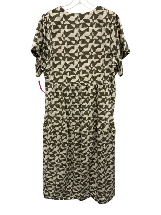 Mirth Size L Olive Green & White Print Cotton V Neck Abstract Short Sleeve Dress Olive Green & White Print / L