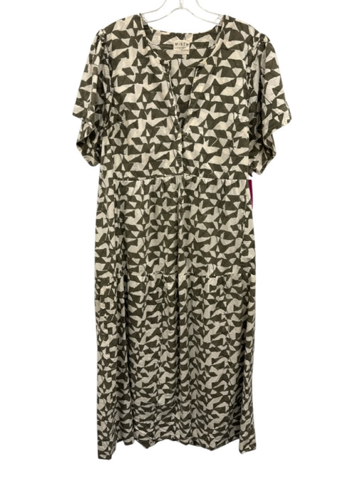 Mirth Size L Olive Green & White Print Cotton V Neck Abstract Short Sleeve Dress Olive Green & White Print / L