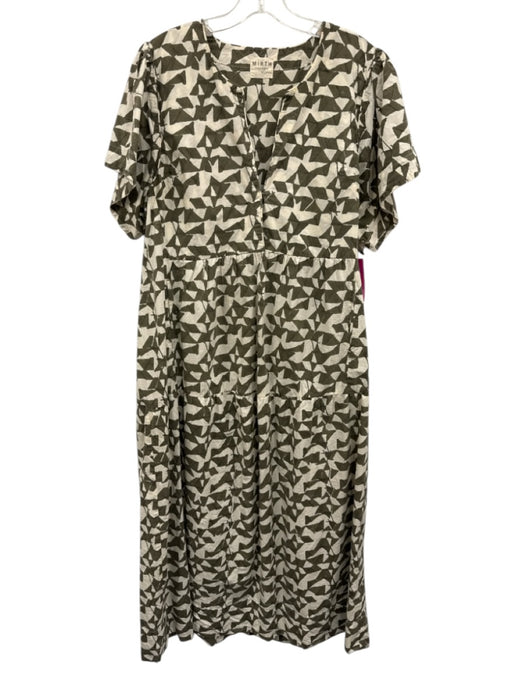 Mirth Size L Olive Green & White Print Cotton V Neck Abstract Short Sleeve Dress Olive Green & White Print / L