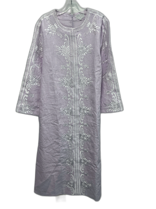 Asha Size XL Lavender Purple & White Linen Long Sleeve Floral Embroidered Dress Lavender Purple & White / XL