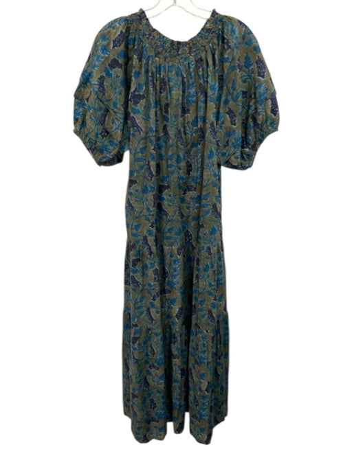 A Piece Apart Size L Green & Blue Cotton Floral Short Sleeve Maxi Dress Green & Blue / L