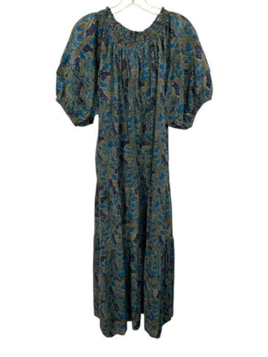A Piece Apart Size L Green & Blue Cotton Floral Short Sleeve Maxi Dress Green & Blue / L