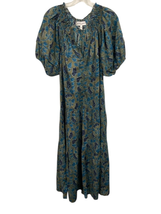 A Piece Apart Size L Green & Blue Cotton Floral Short Sleeve Maxi Dress Green & Blue / L