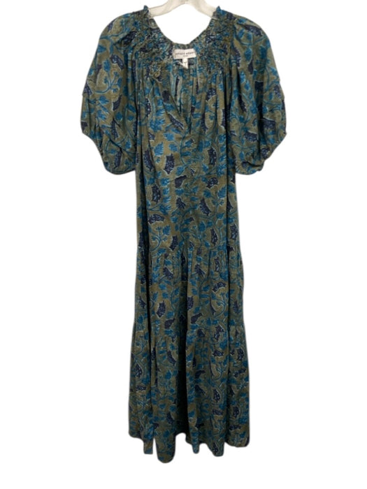 A Piece Apart Size L Green & Blue Cotton Floral Short Sleeve Maxi Dress Green & Blue / L