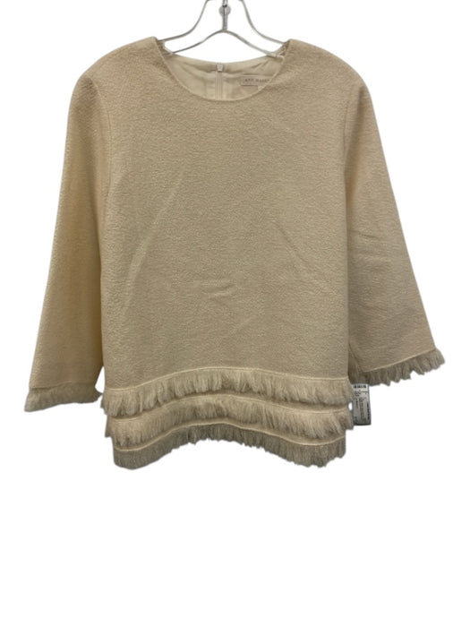 Ann Mashburn Size L Cream White Wool Back Zip Fringe Tiered Long Sleeve Top Cream White / L