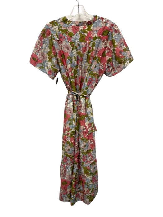 Birds of Paradis Size Large Pink, Blue, Green Cotton Blend Floral Midi Dress Pink, Blue, Green / Large