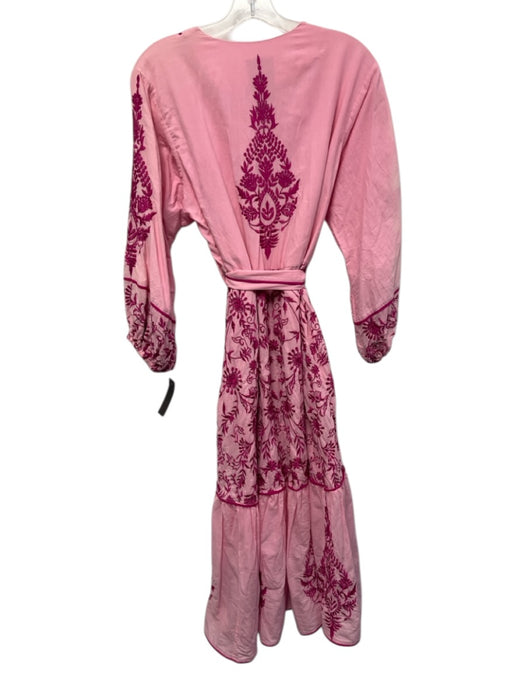 Sue Sartor Size Large Pink Cotton Blend Embroidered Flowers Midi Dress Pink / Large