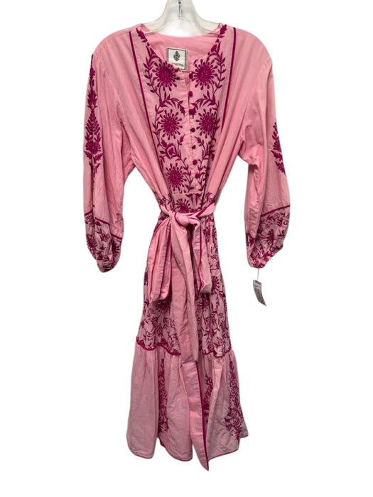 Sue Sartor Size Large Pink Cotton Blend Embroidered Flowers Midi Dress Pink / Large