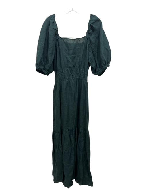 Ann Mashburn Size Large Dark Green Linen Puff Sleeves Maxi Dress Dark Green / Large