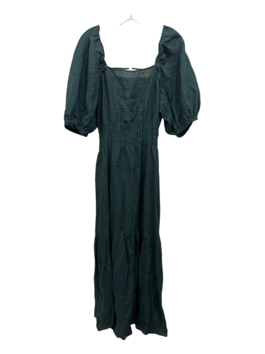 Ann Mashburn Size Large Dark Green Linen Puff Sleeves Maxi Dress Dark Green / Large