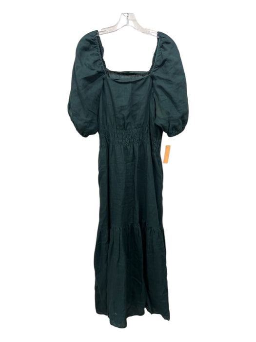Ann Mashburn Size Large Dark Green Linen Puff Sleeves Maxi Dress Dark Green / Large