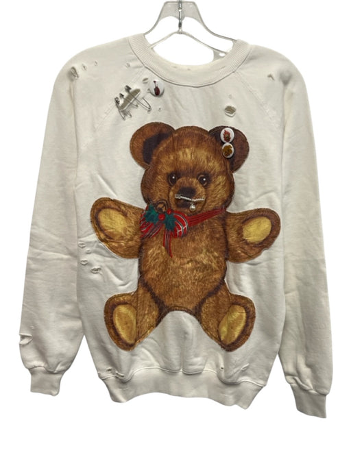 R13 Size XS White & Brown Cotton Blend Teddy Bear Crew Neck Pin Details Sweater White & Brown / XS
