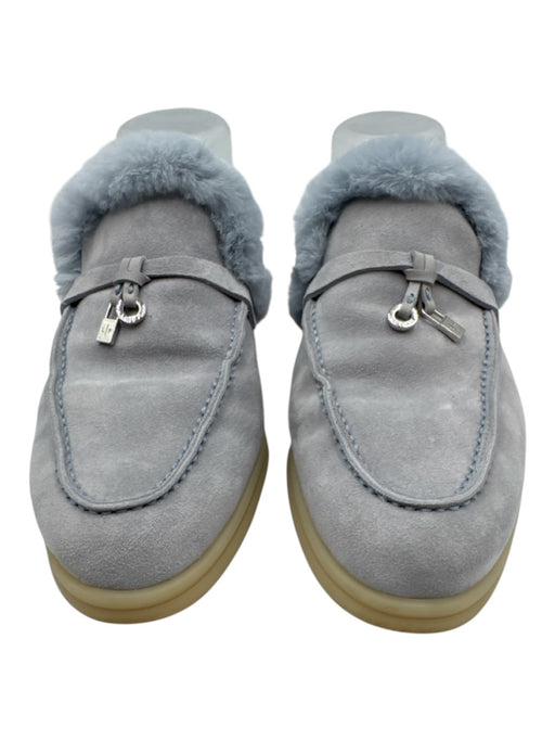 Loro Piana Shoe Size 38 Light Blue Leather Upper Suede Fur Lined Mule Slippers Light Blue / 38