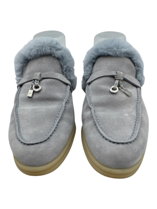 Loro Piana Shoe Size 38 Light Blue Leather Upper Suede Fur Lined Mule Slippers Light Blue / 38