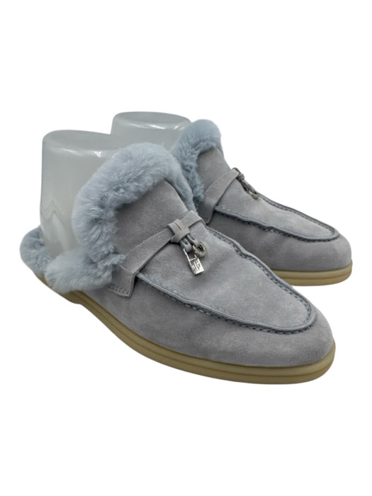 Loro Piana Shoe Size 38 Light Blue Leather Upper Suede Fur Lined Mule Slippers Light Blue / 38