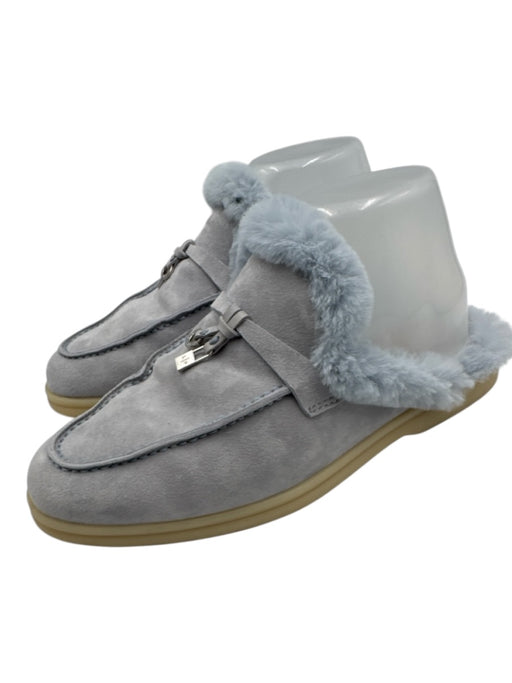 Loro Piana Shoe Size 38 Light Blue Leather Upper Suede Fur Lined Mule Slippers Light Blue / 38