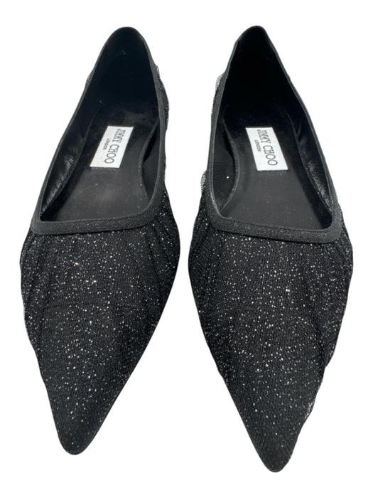 Jimmy Choo Shoe Size 38 Black textile upper Mesh Glitter Gathered Pleats Flats Black / 38
