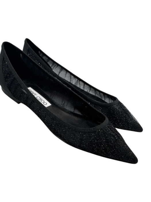 Jimmy Choo Shoe Size 38 Black textile upper Mesh Glitter Gathered Pleats Flats Black / 38