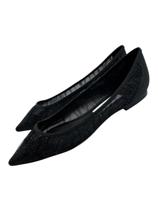 Jimmy Choo Shoe Size 38 Black textile upper Mesh Glitter Gathered Pleats Flats Black / 38