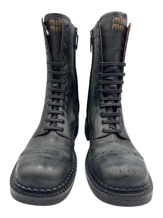 Miu Miu Shoe Size 39 Black Leather Upper Round Square Toe Lace Up Side Zip Boots Black / 39
