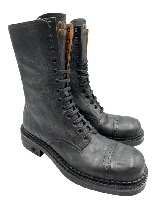 Miu Miu Shoe Size 39 Black Leather Upper Round Square Toe Lace Up Side Zip Boots Black / 39