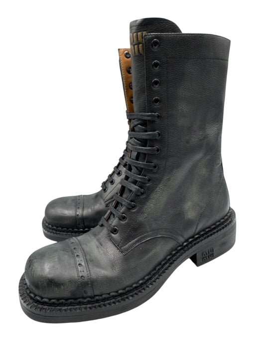 Miu Miu Shoe Size 39 Black Leather Upper Round Square Toe Lace Up Side Zip Boots Black / 39