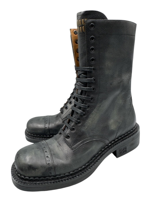 Miu Miu Shoe Size 39 Black Leather Upper Round Square Toe Lace Up Side Zip Boots Black / 39