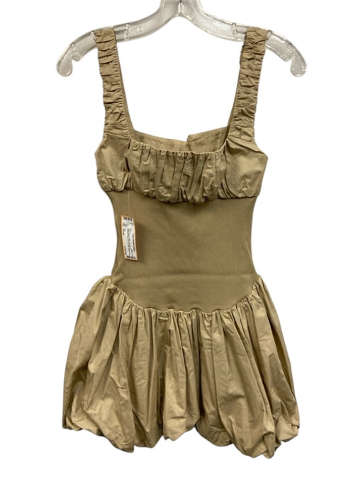 Helsa Size Small Khaki Beige Cotton Sleeveless Gathered Mixed Fabric Mini Dress Khaki Beige / Small