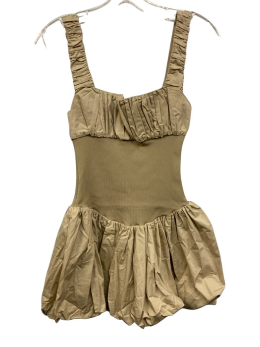 Helsa Size Small Khaki Beige Cotton Sleeveless Gathered Mixed Fabric Mini Dress Khaki Beige / Small