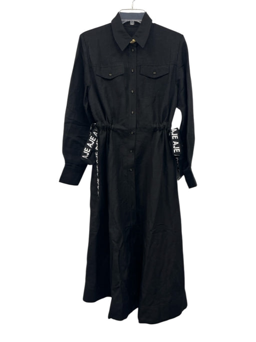 Aje. Size Est S/M Black & White Linen Blend Long Sleeve Logo Button Front Dress Black & White / Est S/M