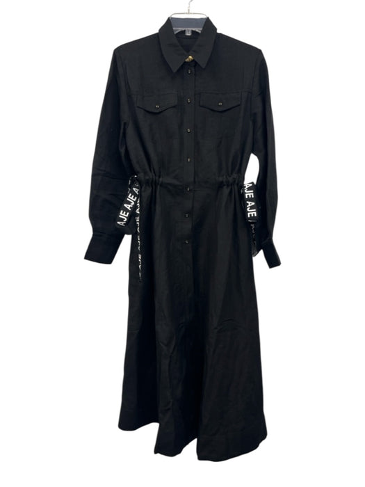 Aje. Size Est S/M Black & White Linen Blend Long Sleeve Logo Button Front Dress Black & White / Est S/M