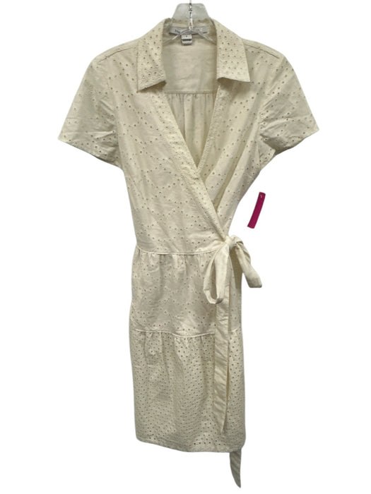 Diane Von Furstenberg Size 8 Cream White Cotton Eyelet Wrap Cap Sleeve Dress Cream White / 8