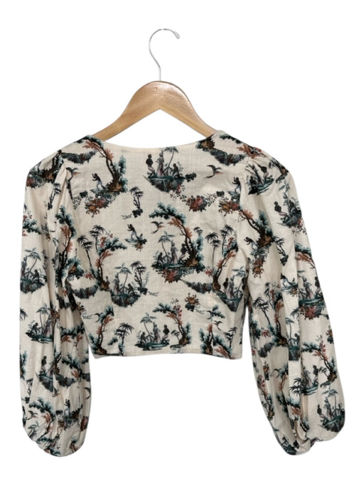 Agua Bendita Size S Tan & Teal Linen Long Sleeve People Trees Cropped Top Tan & Teal / S