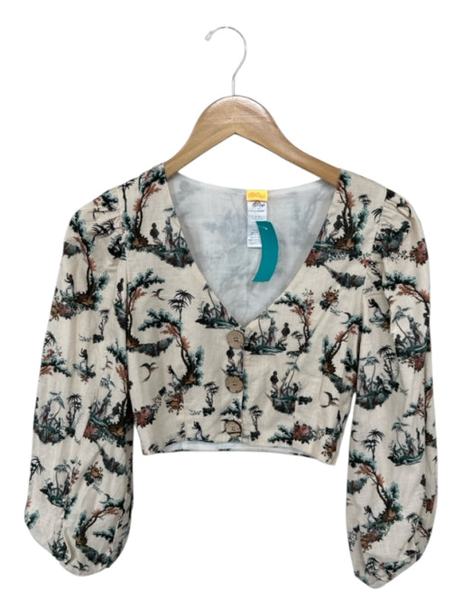 Agua Bendita Size S Tan & Teal Linen Long Sleeve People Trees Cropped Top Tan & Teal / S