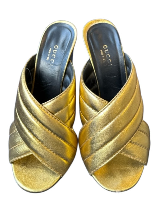 Gucci Shoe Size 37.5 Gold Leather Block Heel Metallic Sandals Gold / 37.5