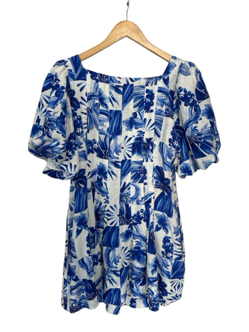 Farm Rio Size L White & Blue Linen Short Balloon Sleeve Botanical Dress White & Blue / L