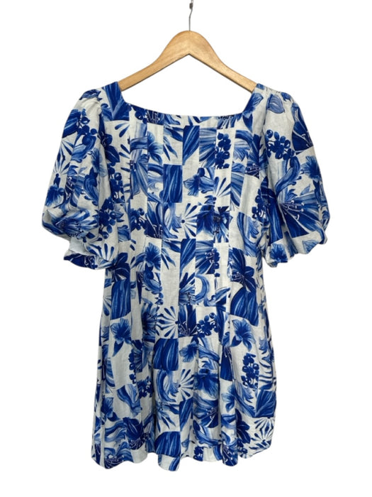 Farm Rio Size L White & Blue Linen Short Balloon Sleeve Botanical Dress White & Blue / L