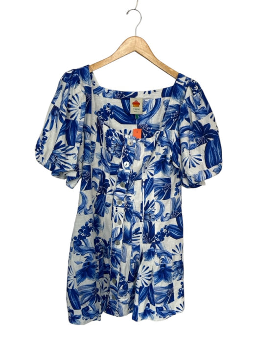 Farm Rio Size L White & Blue Linen Short Balloon Sleeve Botanical Dress White & Blue / L